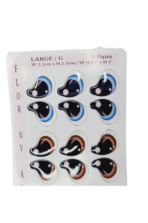 Adhesive Resin Eyes FNY 1003 - Large/G - 9 Pairs - W/H 2.2cmx2.5cm (0.87"x1") - for use with Cold Porcelain Air Dry Clay, Polymer Clay, EVA, Felt, Fabric, Plaster, Paper, Ceramic and more