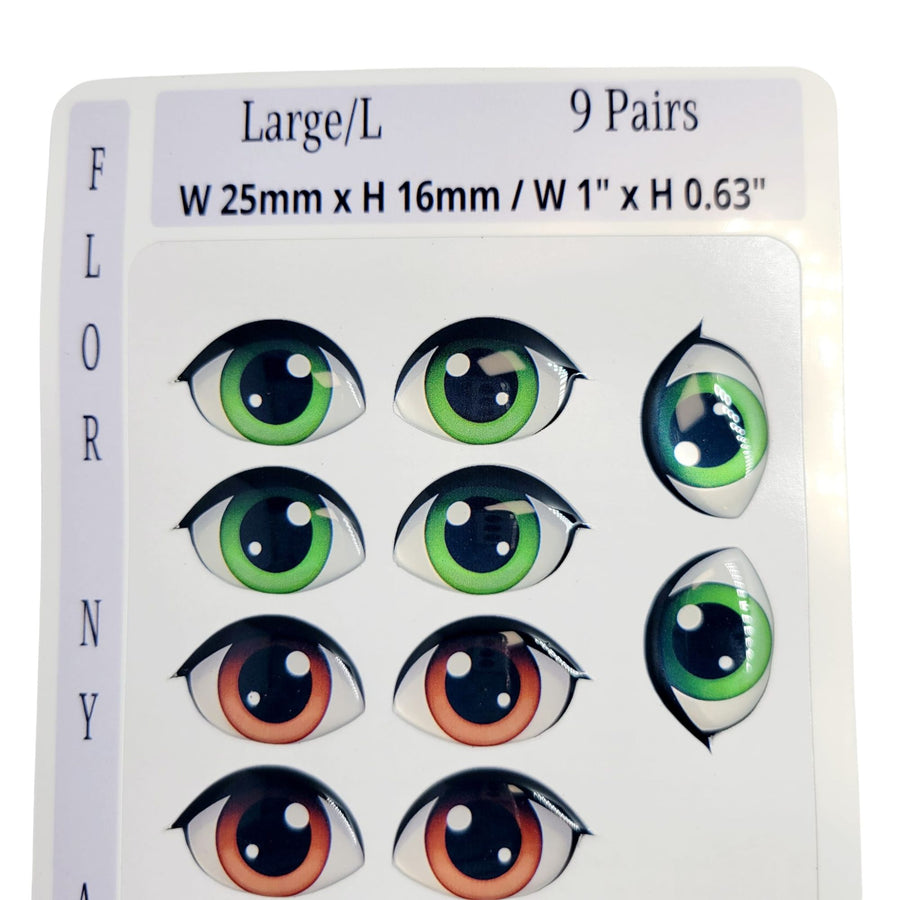 Adhesive Resin Eyes FNY 1013 - Large/G - 9 Pairs - W/H: 25mm x 16mm (1" x 0.63") - for use with Clay, EVA, Felt, Fabric and more