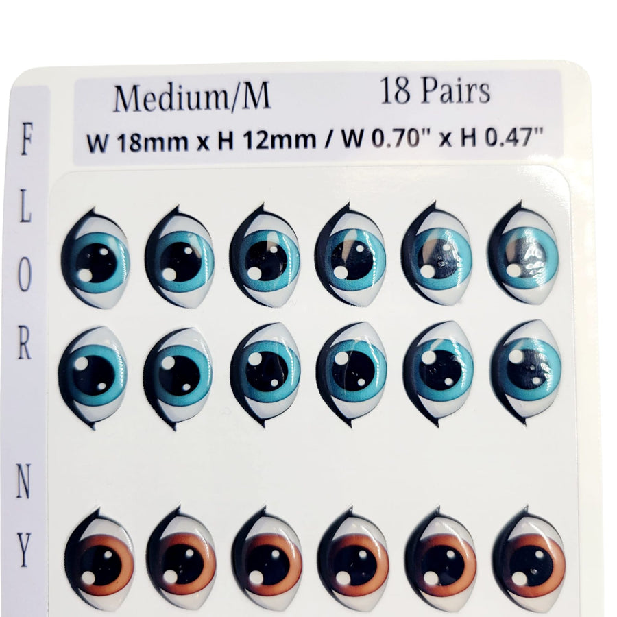 Adhesive Resin Eyes FNY 1013 - Medium/M - 18 Pairs - W/H: 18mm x 12mm (0.70" x 47") - for use with Clay, EVA, Felt, Fabric and more