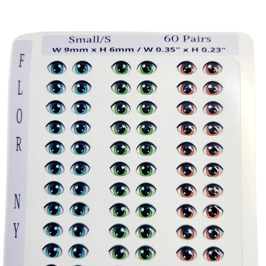 Adhesive Resin Eyes FNY 1013 - Small/S - 60 Pairs - W/H: 9mm x 6mm (0.35" x 23") - for use with Clay, EVA, Felt, Fabric and more