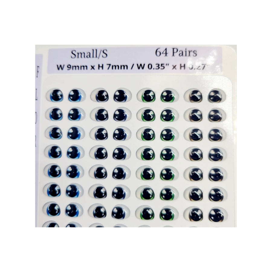 Adhesive Resin Eyes FNY 1014 - Small/S - 64 Pairs - W/H: 9mm x 7mm (0.35" x 0.27") - for use with Clay, EVA, Felt, Fabric and more