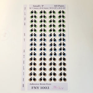 Adhesive Resin Eyes FNY 1003 - Small/P - 60 Pairs - W/H: 7.5x8.5mm  (0.29" x 0.33") - for use with Cold Porcelain Air Dry Clay, Polymer Clay, EVA, Felt, Fabric, Plaster, Paper, Ceramic and more
