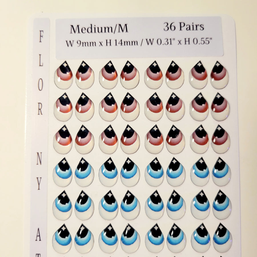 Adhesive Resin Eyes FNY 1004 - Medium/M - 36 Pairs - W/H: 9x14mm  (0.31" x 0.55") - for use with Cold Porcelain Air Dry Clay, Polymer Clay, EVA, Felt, Fabric, Plaster, Paper, Ceramic and more