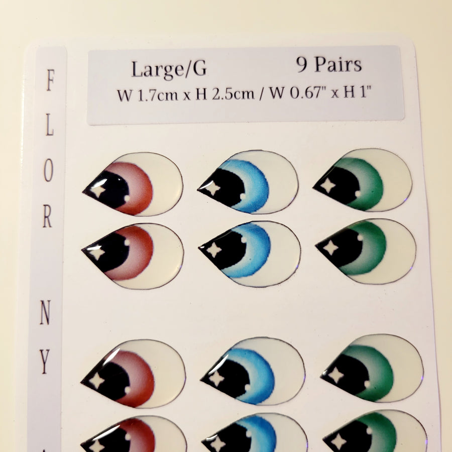 Adhesive Resin Eyes FNY 1004 - Large/G - 9 Pairs - W/H: 1.7x2.5 cm  (0.67" x 1") - for use with Cold Porcelain Air Dry Clay, Polymer Clay, EVA, Felt, Fabric, Plaster, Paper, Ceramic and more
