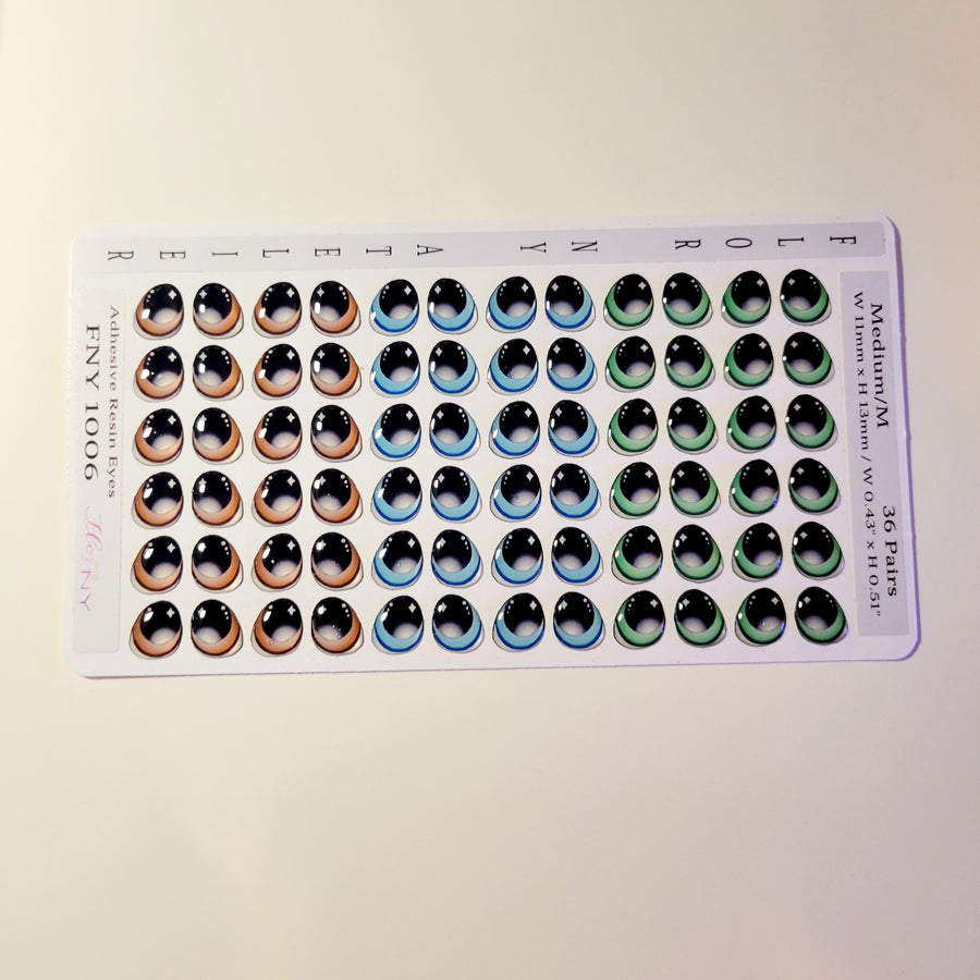 Adhesive Resin Eyes FNY 1006 - Medium/M - 36 Pairs - W/H: 11x13 mm (0.43" x 0.51") - for use with Cold Porcelain Air Dry Clay, Polymer Clay, EVA, Felt, Fabric, Plaster, Paper, Ceramic and more