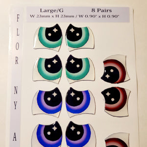 Adhesive Resin Eyes FNY 1005 - Large/G - 8 Pairs - W/H: 23mm x 23mm (0.90" x 0.90") - for use with Clay, EVA, Felt, Fabric and more