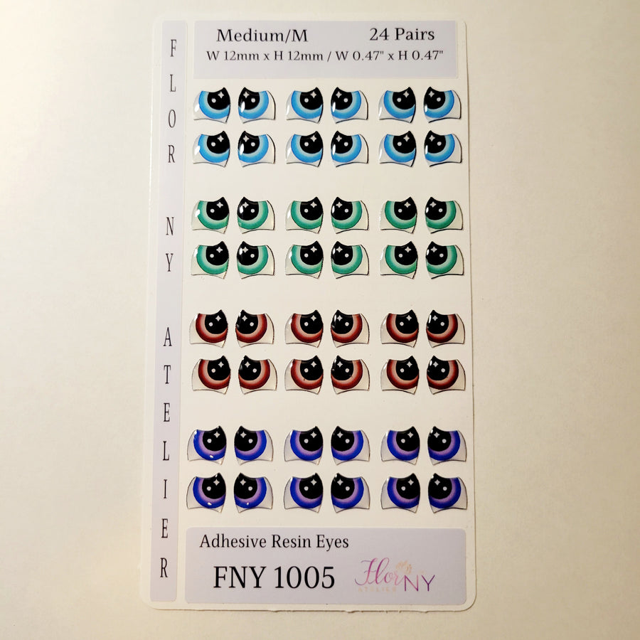 Adhesive Resin Eyes FNY 1005 - Medium/M - 24 Pairs - W/H: 12mm x 12mm (0.47" x 0.47") - for use with Clay, EVA, Felt, Fabric and more