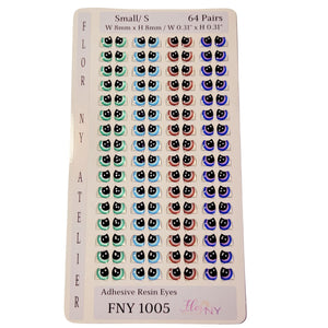 Adhesive Resin Eyes FNY 1005 - Small/P - 64 Pairs - W/H: 8mm x 8mm (0.31" x 0.31") - for use with Clay, EVA, Felt, Fabric and more