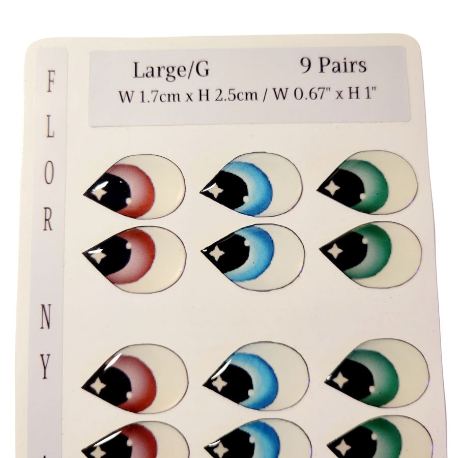 Adhesive Resin Eyes FNY 1004 - Large/G - 9 Pairs - W/H: 1.7x2.5 cm  (0.67" x 1") - for use with Cold Porcelain Air Dry Clay, Polymer Clay, EVA, Felt, Fabric, Plaster, Paper, Ceramic and more