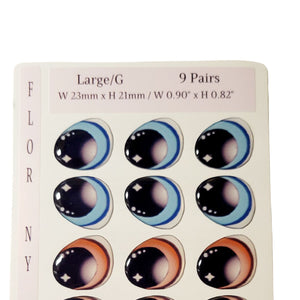 Adhesive Resin Eyes FNY 1006 - Large/G - 9 Pairs - W/H: 23x21 mm (0.90" x 0.87") - for use with Cold Porcelain Air Dry Clay, Polymer Clay, EVA, Felt, Fabric, Plaster, Paper, Ceramic and more