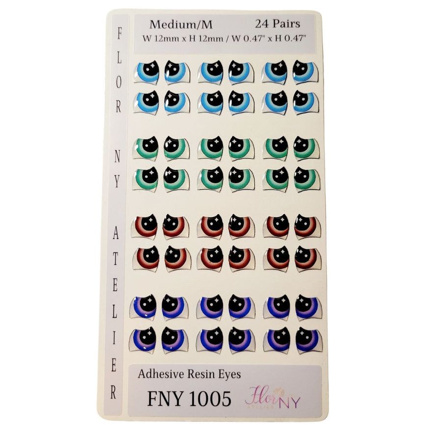 Adhesive Resin Eyes FNY 1005 - Medium/M - 24 Pairs - W/H: 12mm x 12mm (0.47" x 0.47") - for use with Clay, EVA, Felt, Fabric and more