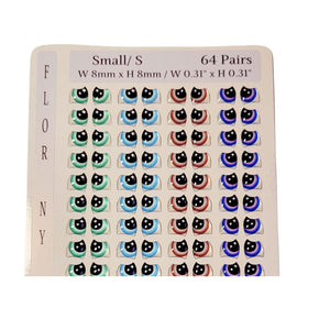 Adhesive Resin Eyes FNY 1005 - Small/P - 64 Pairs - W/H: 8mm x 8mm (0.31" x 0.31") - for use with Clay, EVA, Felt, Fabric and more