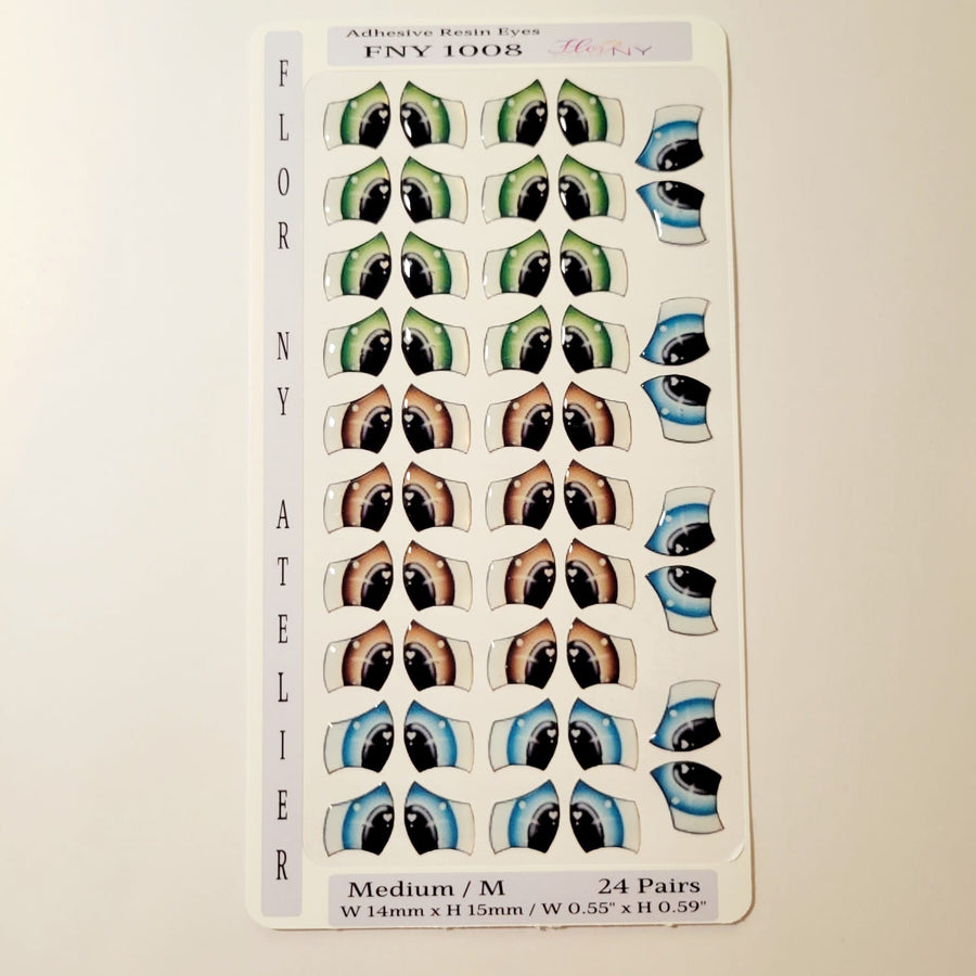 Adhesive Resin Eyes FNY 1008 - Medium/M - 24 Pairs - W/H: 14mm x 15mm (0.55" x 0.59") - for use with Clay, EVA, Felt, Fabric and more