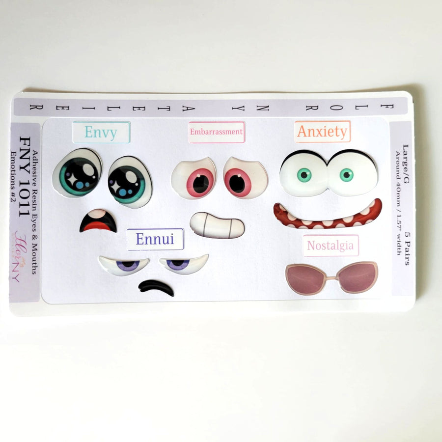 Adhesive Resin Eyes FNY 1011 - Emotions #2 - 5 pairs - Large/L Around 40mm/1.57" each pair - for use with Clay, EVA, Felt, Fabric and more