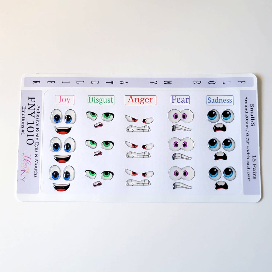 Adhesive Resin Eyes FNY 1010 - Emotions #1 - 15 pairs - Small/P Around 20mm/0.78" each pair - for use with Clay, EVA, Felt, Fabric and more