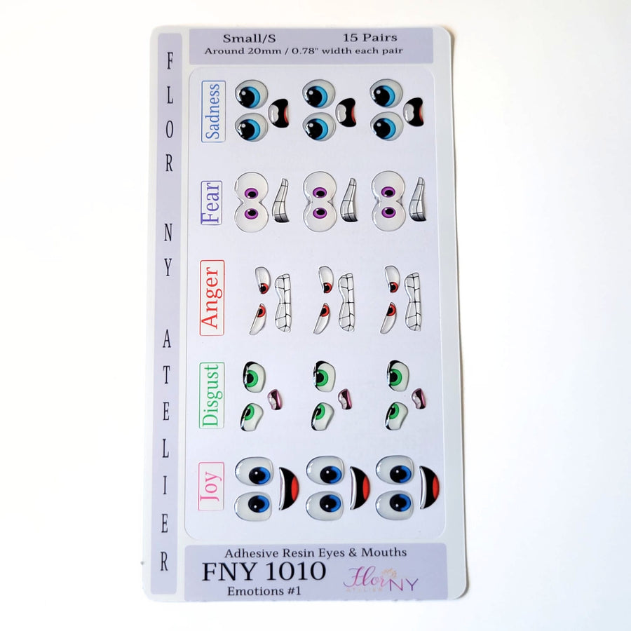 Adhesive Resin Eyes FNY 1010 - Emotions #1 - 15 pairs - Small/P Around 20mm/0.78" each pair - for use with Clay, EVA, Felt, Fabric and more