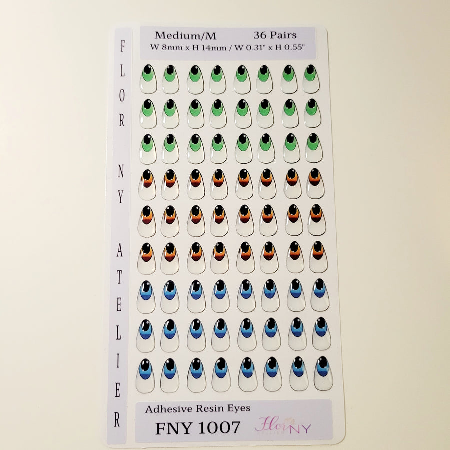 Adhesive Resin Eyes FNY 1007 - Medium/M - 36 Pairs - W/H: 8x14mm  (0.31" x 0.55") - for use with Cold Porcelain Air Dry Clay, Polymer Clay, EVA, Felt, Fabric, Plaster, Paper, Ceramic and more