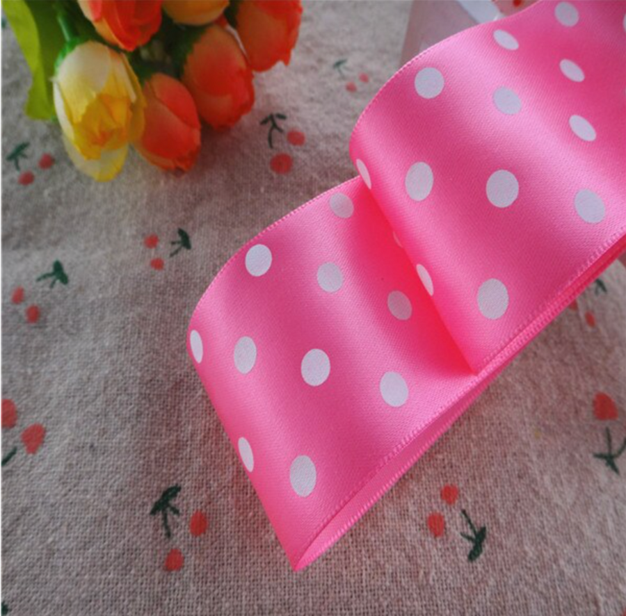 White Dots Satin  Ribbon - 1 1/2" - 38mm - Sold by the Yard