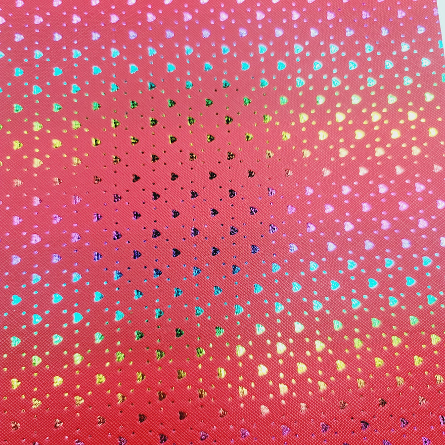 Punch Leather Hearts - Hot Pink Rainbow Faux Leather Printed Vinyl Sheet