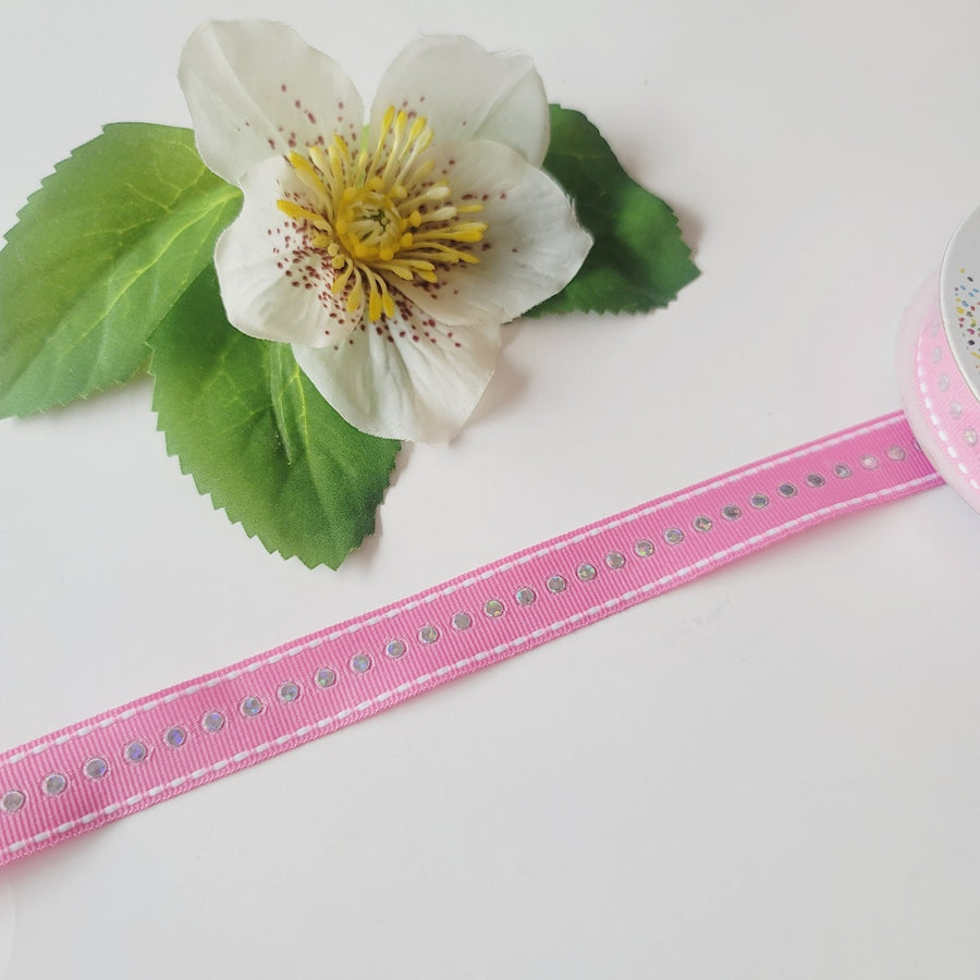 Pink with Silver Dots Grosgrain Ribbon -5/8" (15mm) - Sold by the Yard