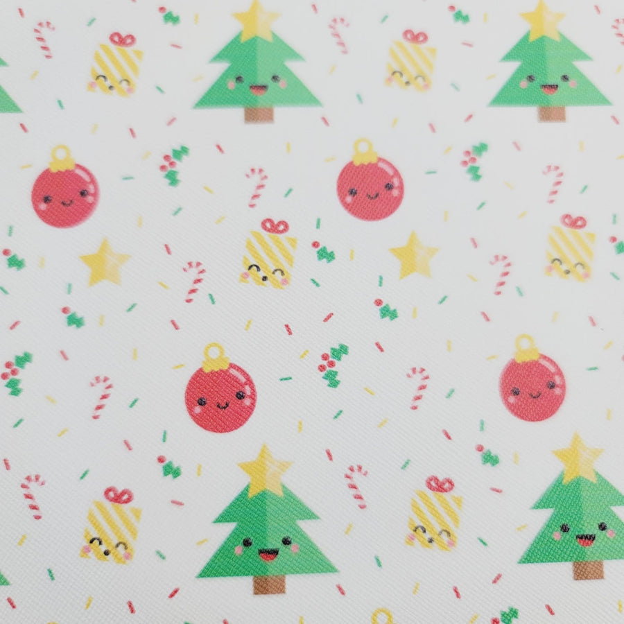 Christmas - Happy Tree Presents Ornaments Faux Leather Printed Vinyl Sheet
