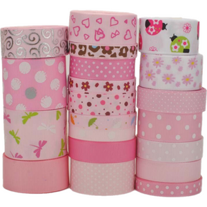 Set 20 Style Lively Flowers Pattern Printed Grosgrain Mixed Satin Ribbon - Pink