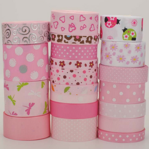 Set 20 Style Lively Flowers Pattern Printed Grosgrain Mixed Satin Ribbon - Pink