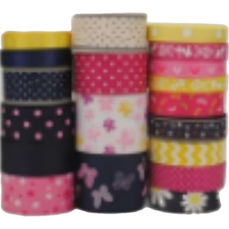 Set 20 Style Lively Flowers Pattern Printed Grosgrain Mixed Satin Ribbon - Black/Pink/Yellow