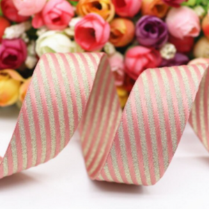 Pink w/ Golden Oblique Stripes Ribbons - 1 1/2" (38mm) - Sold by the Yard