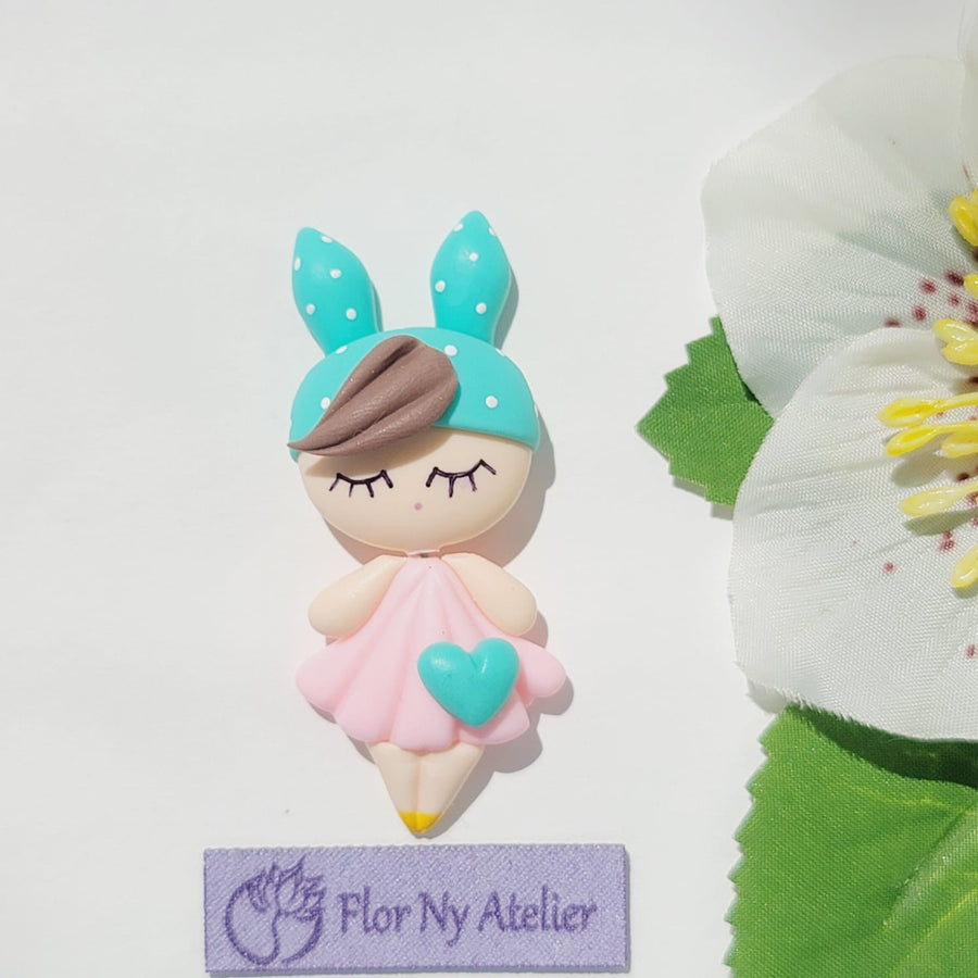 MeToo Pink & Green Bunny #376 Clay Doll for Bow-Center, Jewelry Charms, Accessories, and More